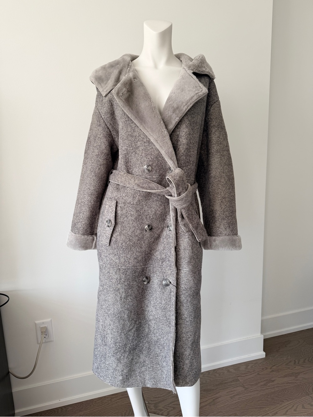Women's Gray Double-Breasted Shearling Coat with Belt